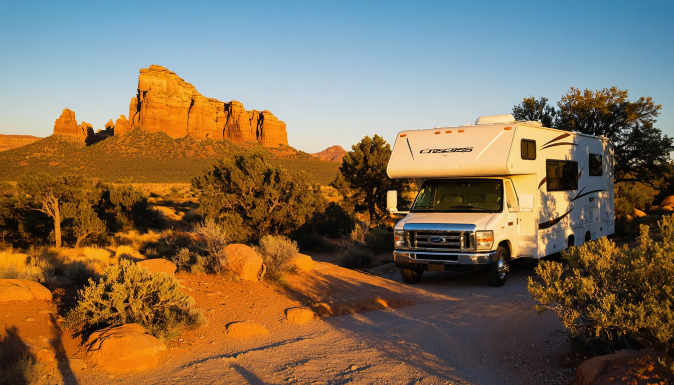 RV parked at a scenic desert campsite at golden hour, wide open sky behind