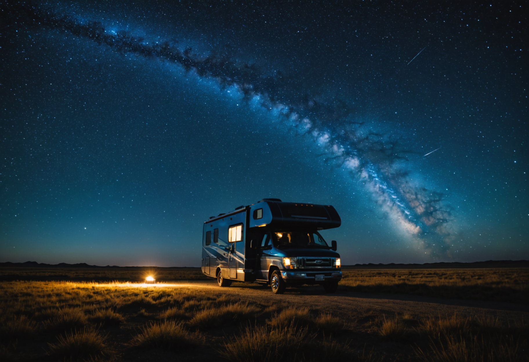 Wide-angle view of a starlit sky over a national park, RV silhouetted in the foreground